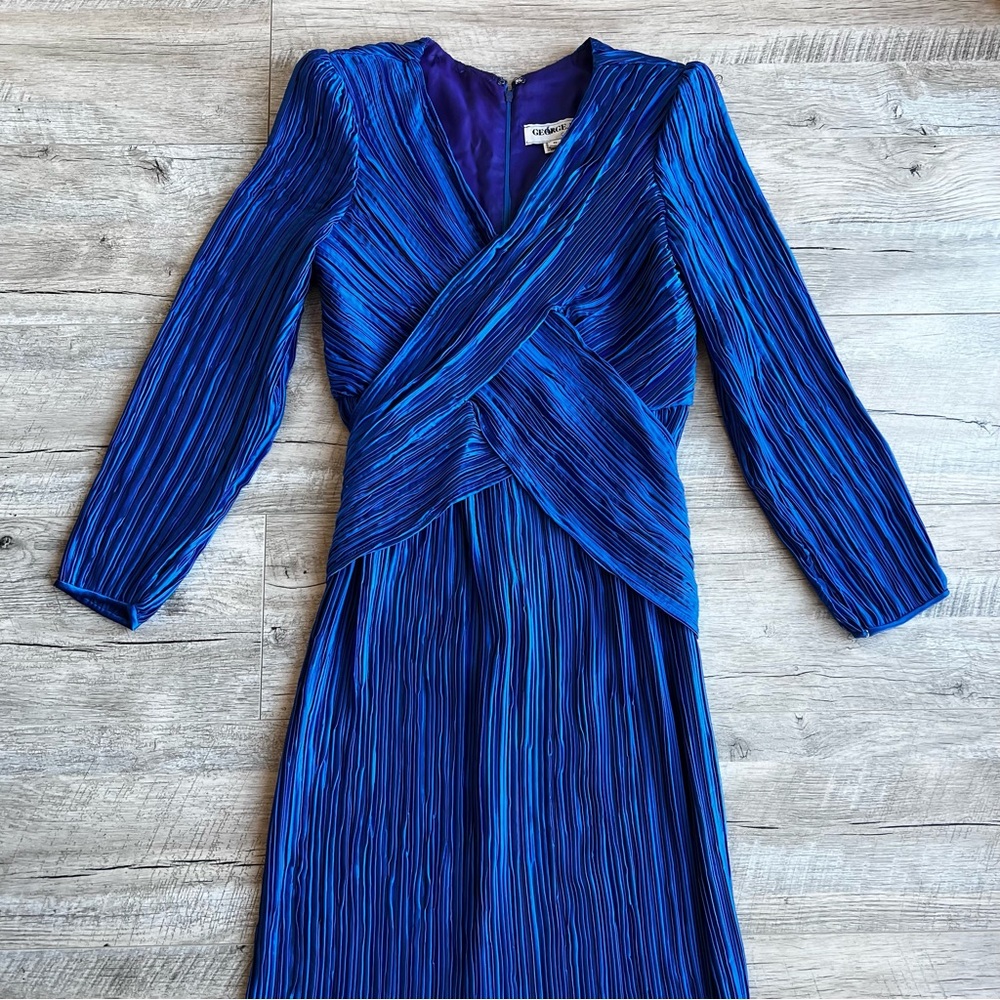 Vintage George F Couture Plisse Pleated Fortuny Cobalt Blue Evening Gown